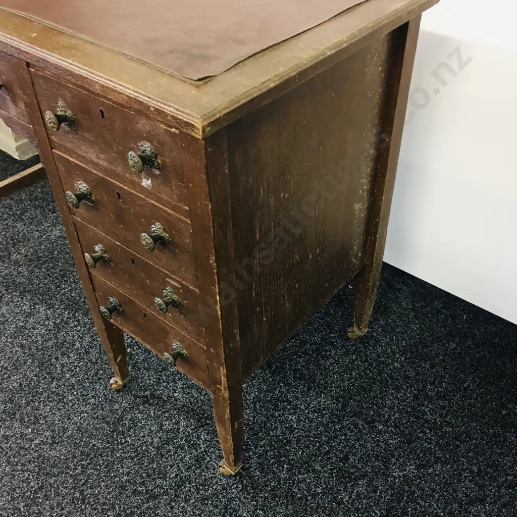 Antique Desk Burgundy Coloured Insert Five Drawer Original Castors Borer Holes Evident Has Been Treated Image 1++