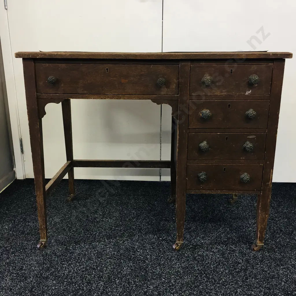 Antique Desk Burgundy Coloured Insert Five Drawer Original Castors Borer Holes Evident Has Been Treated Image 1++