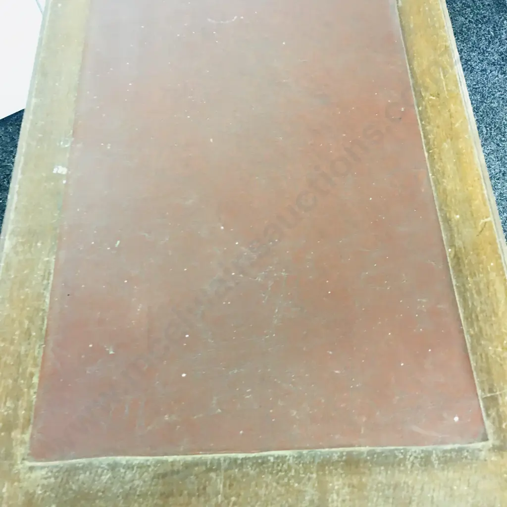 Antique Desk Burgundy Coloured Insert Five Drawer Original Castors Borer Holes Evident Has Been Treated Image 1++