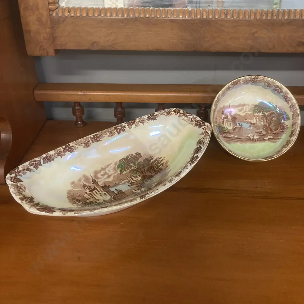 1950's Maling Lustre Ware Scenes Of Venice Boat Shaped Dish & Small Bowl Image 1++