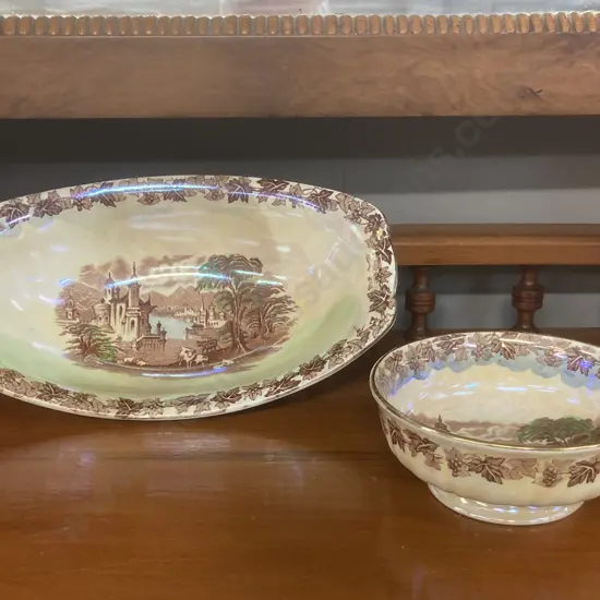 1950's Maling Lustre Ware Scenes Of Venice Boat Shaped Dish & Small Bowl