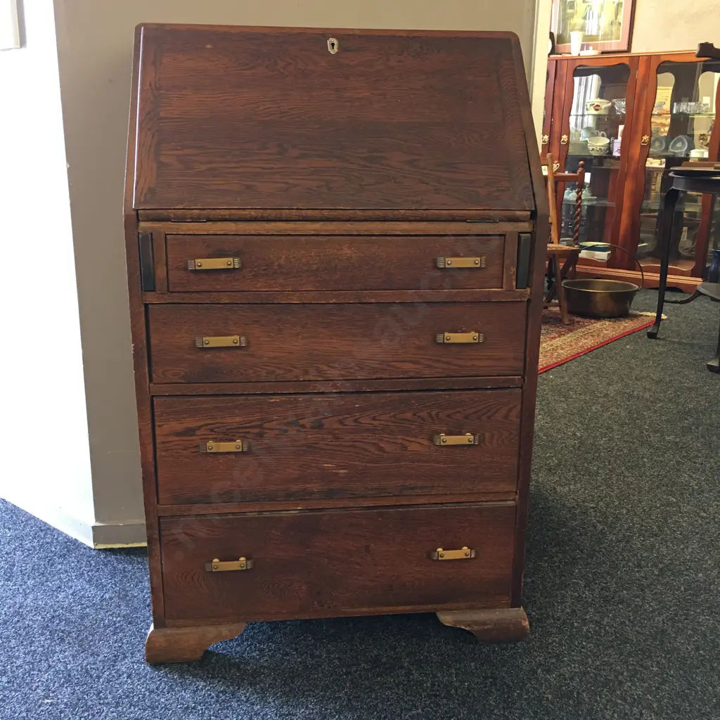 Antique Oak Writing Bureau Desk Four Drawer Original Handles H107,W68,D42cm. Image 1++