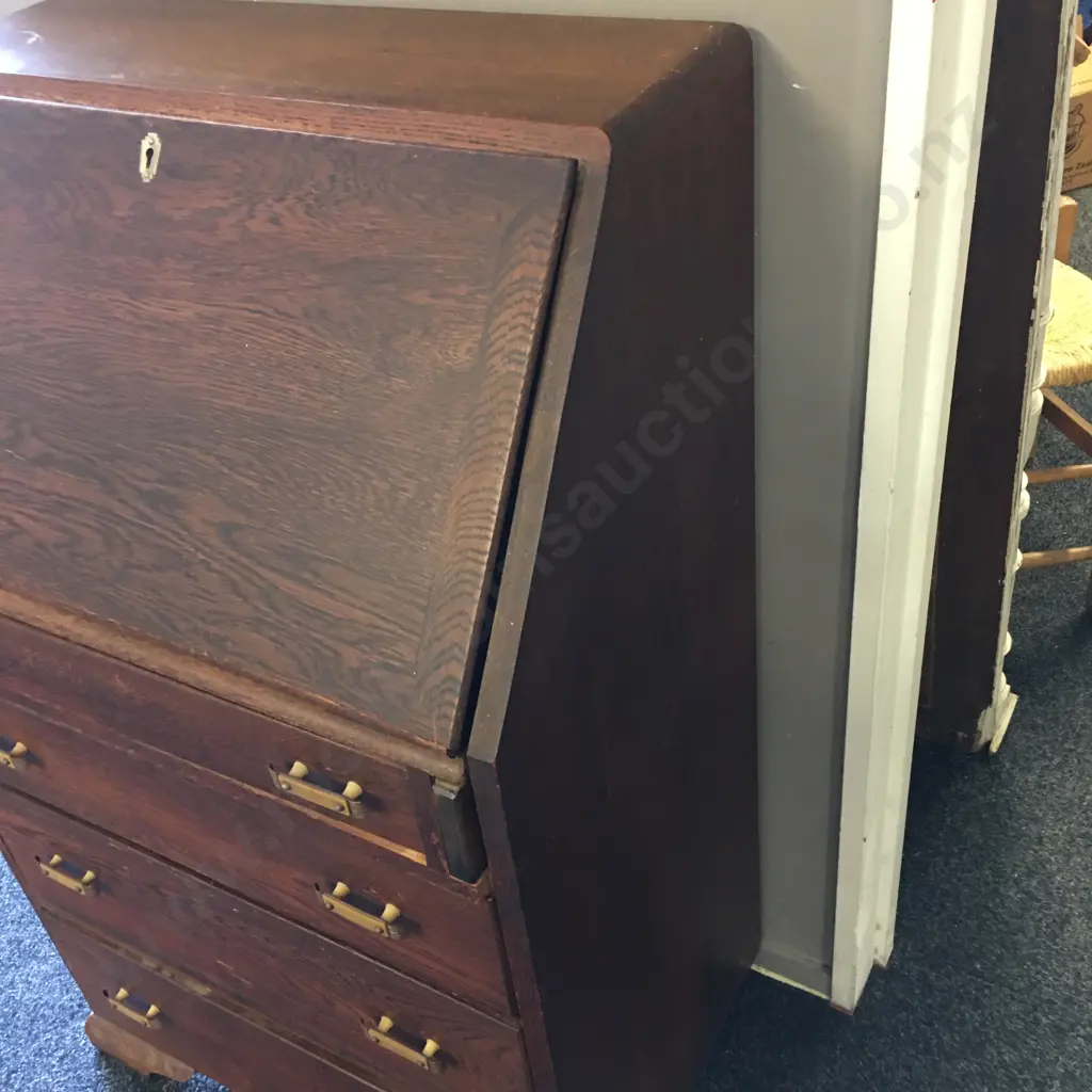 Antique Oak Writing Bureau Desk Four Drawer Original Handles H107,W68,D42cm. Image 1++