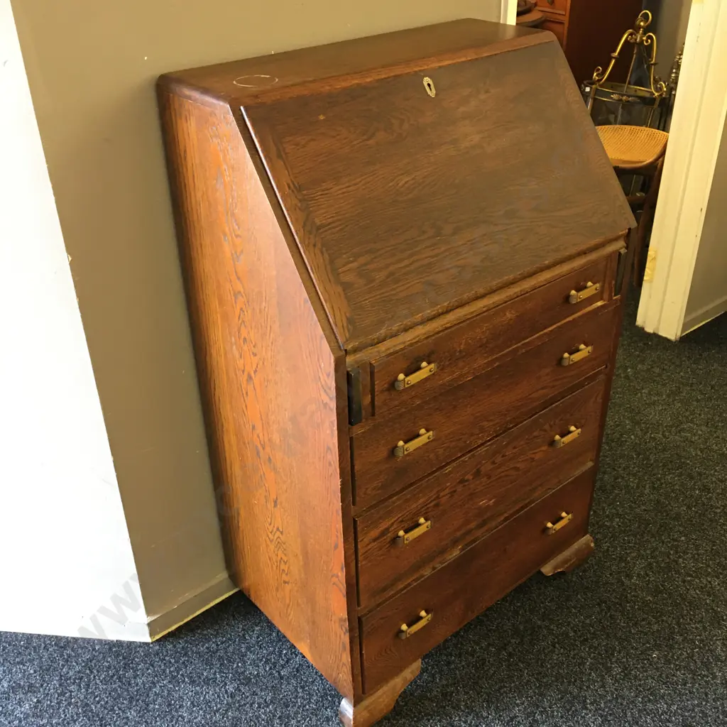 Antique Oak Writing Bureau Desk Four Drawer Original Handles H107,W68,D42cm. Image 1++