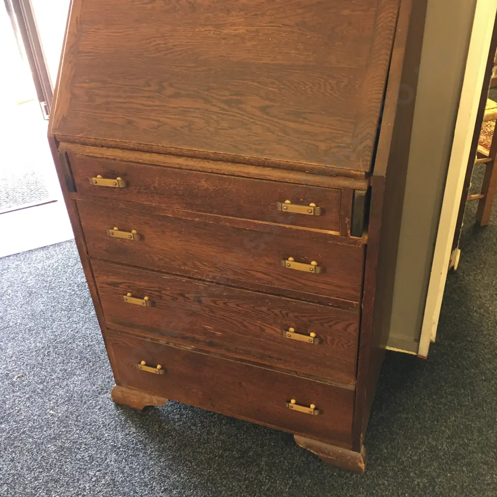 Antique Oak Writing Bureau Desk Four Drawer Original Handles H107,W68,D42cm. Image 1++