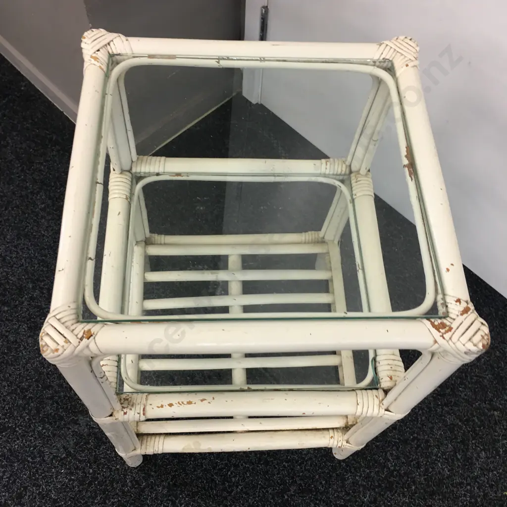 Three Tier Painted White Square Occasional Table Slatted Shelf H56,W36x36cm. Image 1++