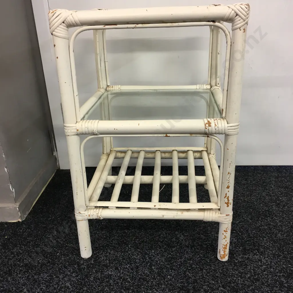 Three Tier Painted White Square Occasional Table Slatted Shelf H56,W36x36cm. Image 1++