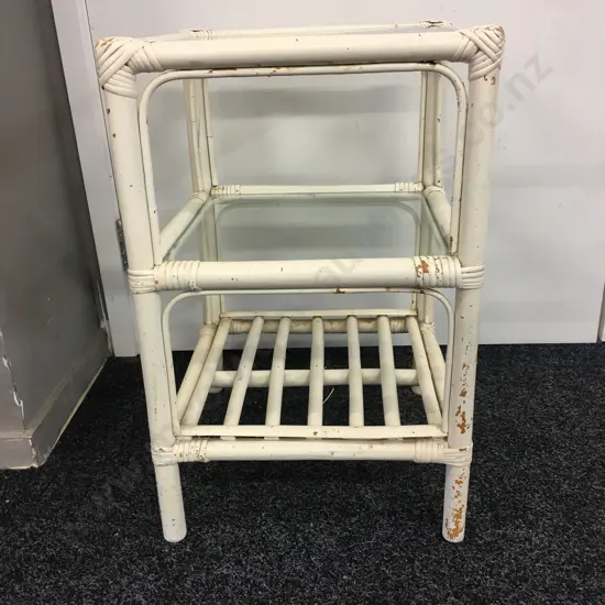 Three Tier Painted White Square Occasional Table Slatted Shelf H56,W36x36cm.