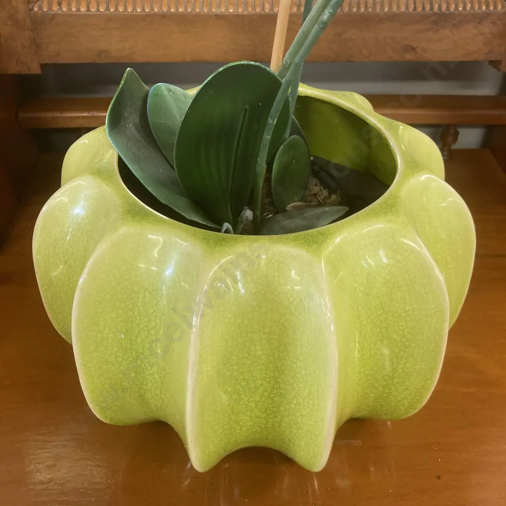 Green Glazed 18 x 19cm Ceramic Planter With Faux Orchid Image 1++