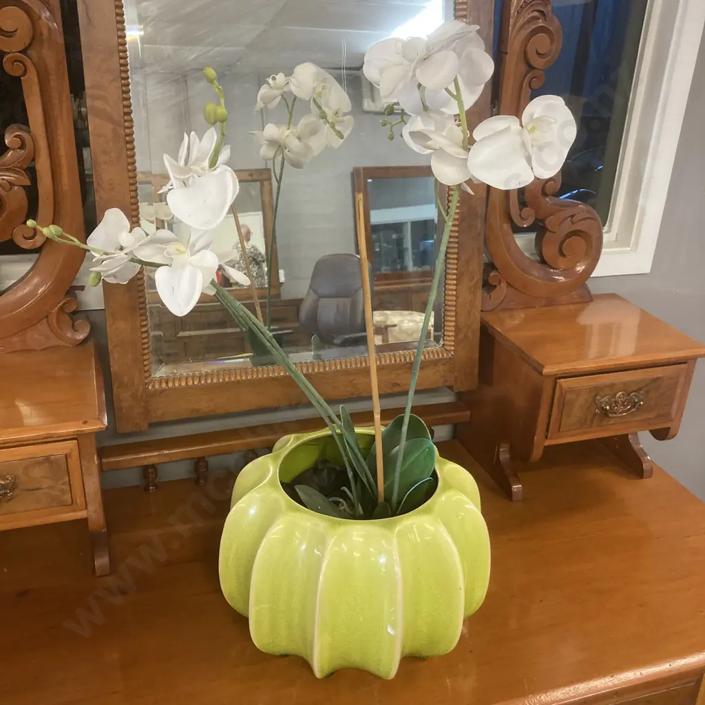 Green Glazed 18 x 19cm Ceramic Planter With Faux Orchid Image 1++