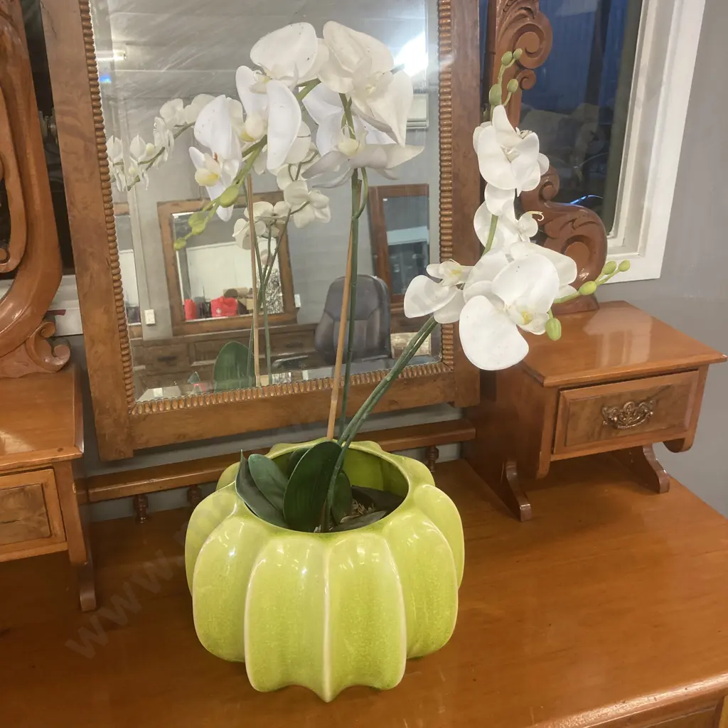Green Glazed 18 x 19cm Ceramic Planter With Faux Orchid Image 1++