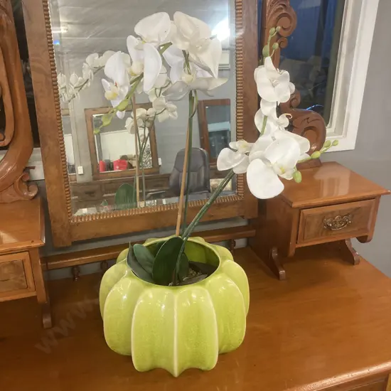 Green Glazed 18 x 19cm Ceramic Planter With Faux Orchid