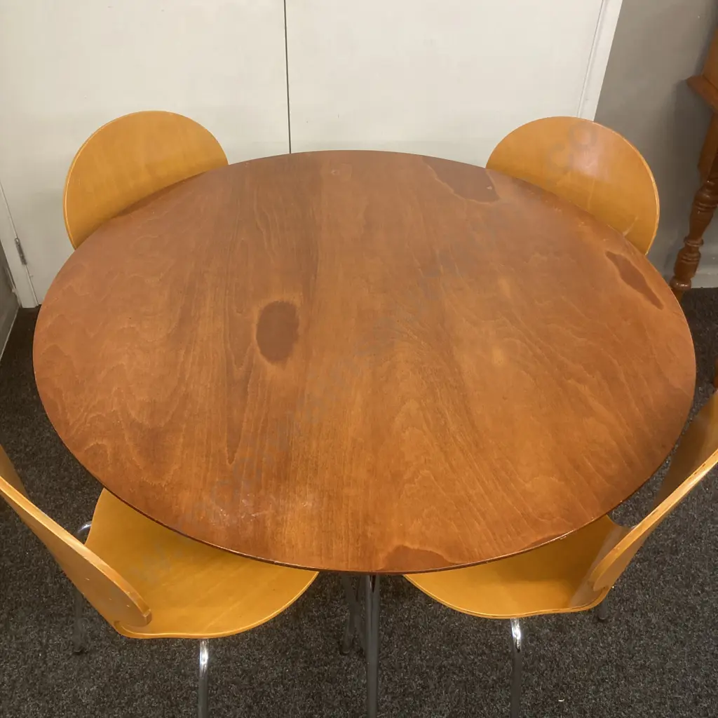 Modernist Round Wooden Topped Table (Dia 110cm) With 4 Steam Back Wooden Dining Chairs Image 1++