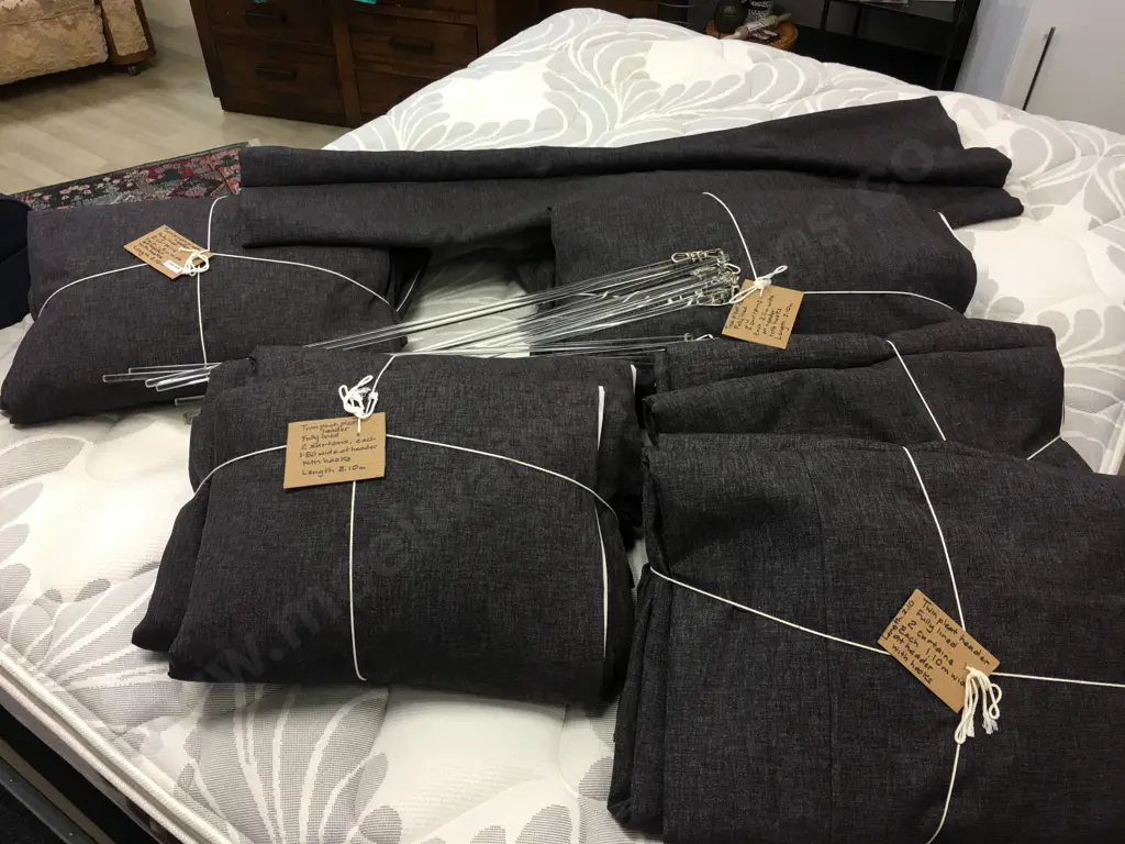 Lot of Five Pairs of Charcoal Twin Pinch Pleat Header Fully Lined Curtains, 12 x .75cm Drape Pulls, & Roman Blind Image 1++