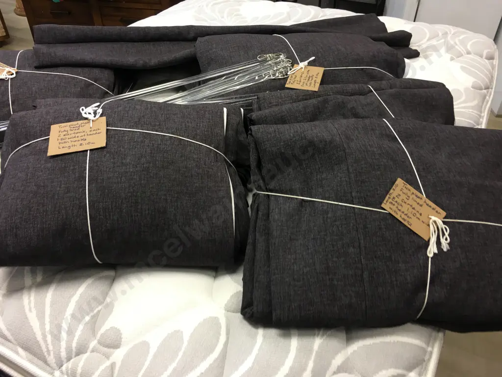 Lot of Five Pairs of Charcoal Twin Pinch Pleat Header Fully Lined Curtains, 12 x .75cm Drape Pulls, & Roman Blind Image 1++