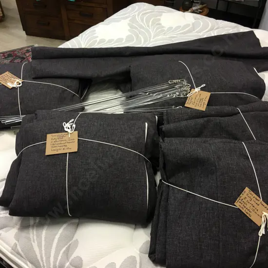 Lot of Five Pairs of Charcoal Twin Pinch Pleat Header Fully Lined Curtains, 12 x .75cm Drape Pulls, & Roman Blind