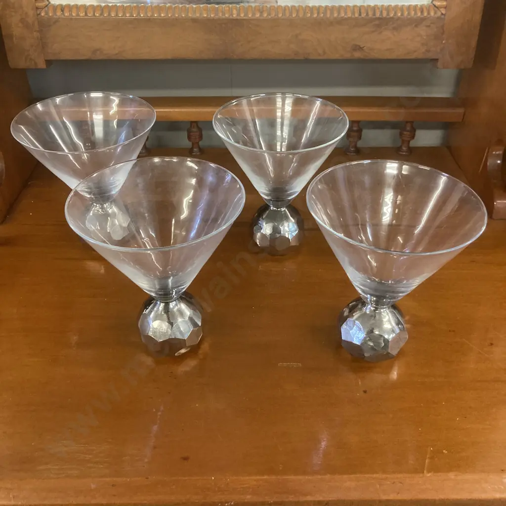Set of Four Silver Hammered Disco Ball Martini Glasses Image 1++