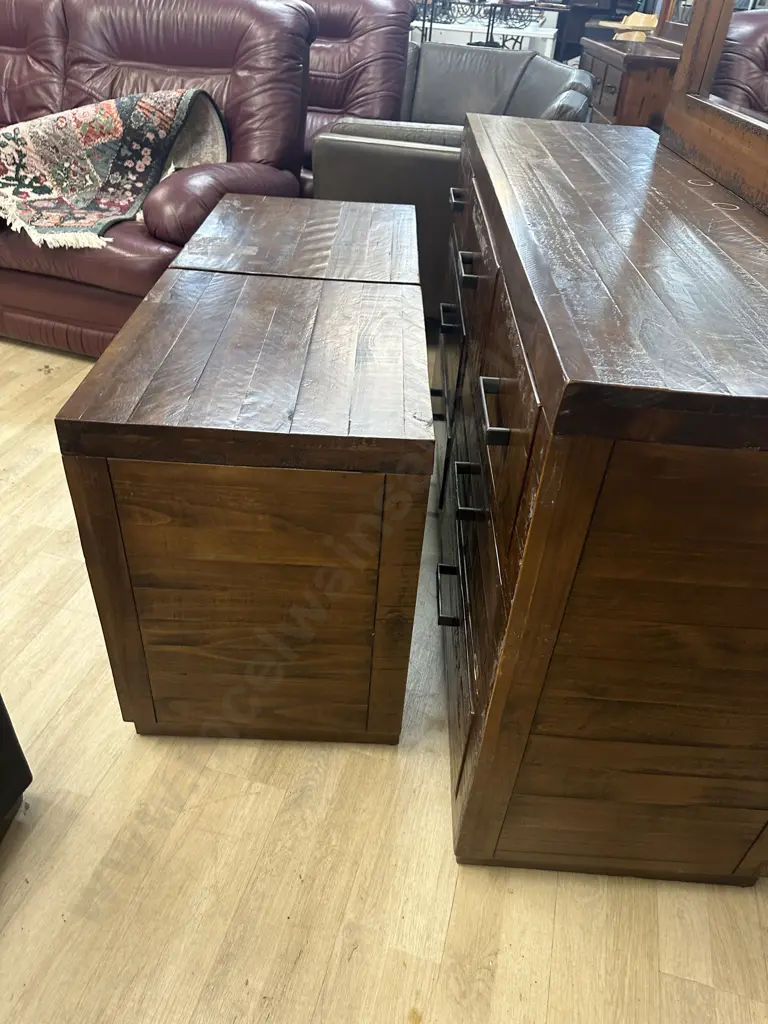 Rustic Wood Bedroom Suite With Rectangular Steel Handles  - 7 Drawer Dressing Table & Pair of 3 Drawer Bedsides Image 1++