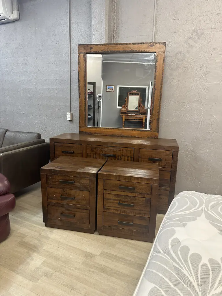 Rustic Wood Bedroom Suite With Rectangular Steel Handles  - 7 Drawer Dressing Table & Pair of 3 Drawer Bedsides Image 1++