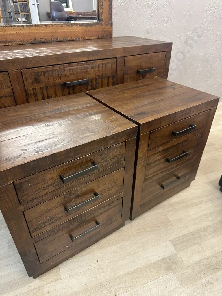 Rustic Wood Bedroom Suite With Rectangular Steel Handles  - 7 Drawer Dressing Table & Pair of 3 Drawer Bedsides Image 1++