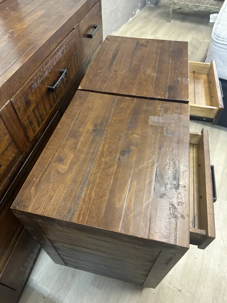 Rustic Wood Bedroom Suite With Rectangular Steel Handles  - 7 Drawer Dressing Table & Pair of 3 Drawer Bedsides Image 1++