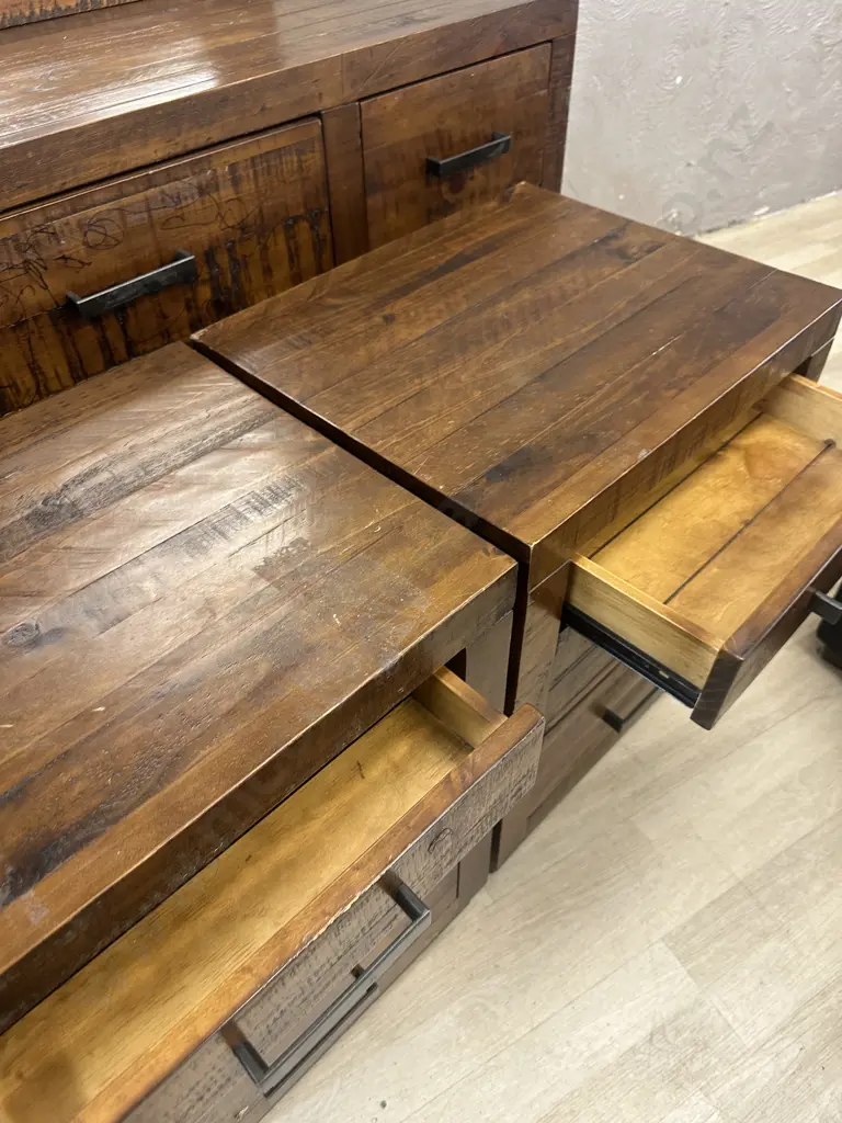 Rustic Wood Bedroom Suite With Rectangular Steel Handles  - 7 Drawer Dressing Table & Pair of 3 Drawer Bedsides Image 1++