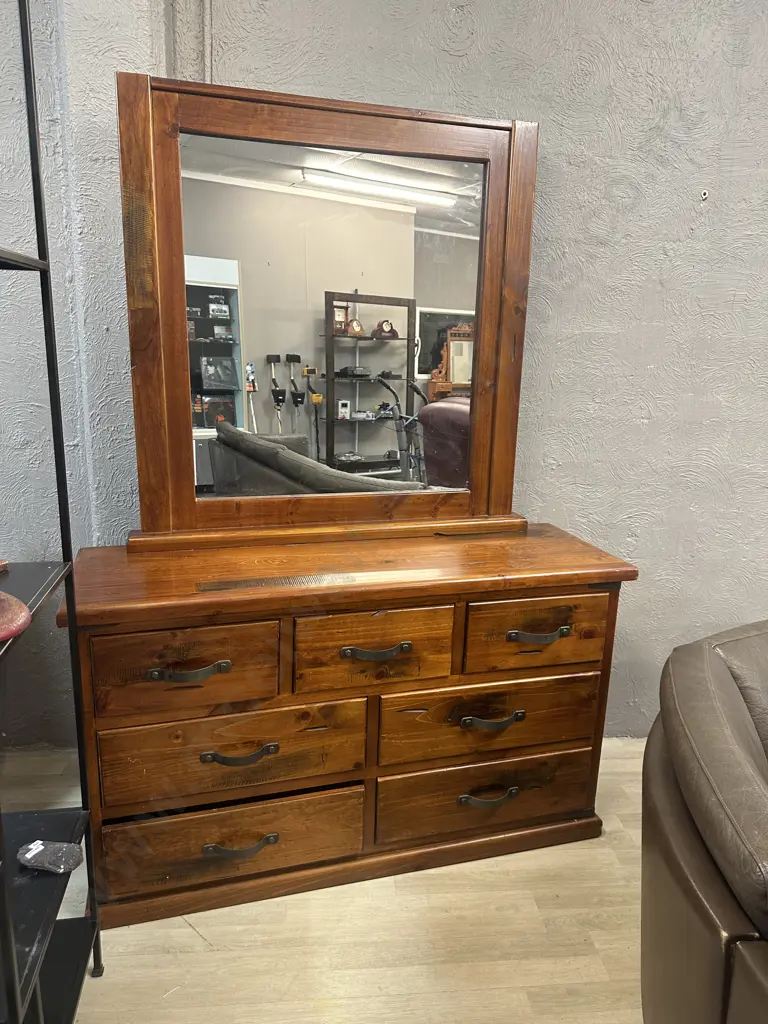 Rustic Wood Bedroom Suite With Rectangular Steel Handles  - 7 Drawer Dressing Table & Pair of 3 Drawer Bedsides Image 1++