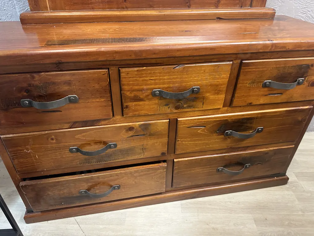 Rustic Wood Bedroom Suite With Rectangular Steel Handles  - 7 Drawer Dressing Table & Pair of 3 Drawer Bedsides Image 1++