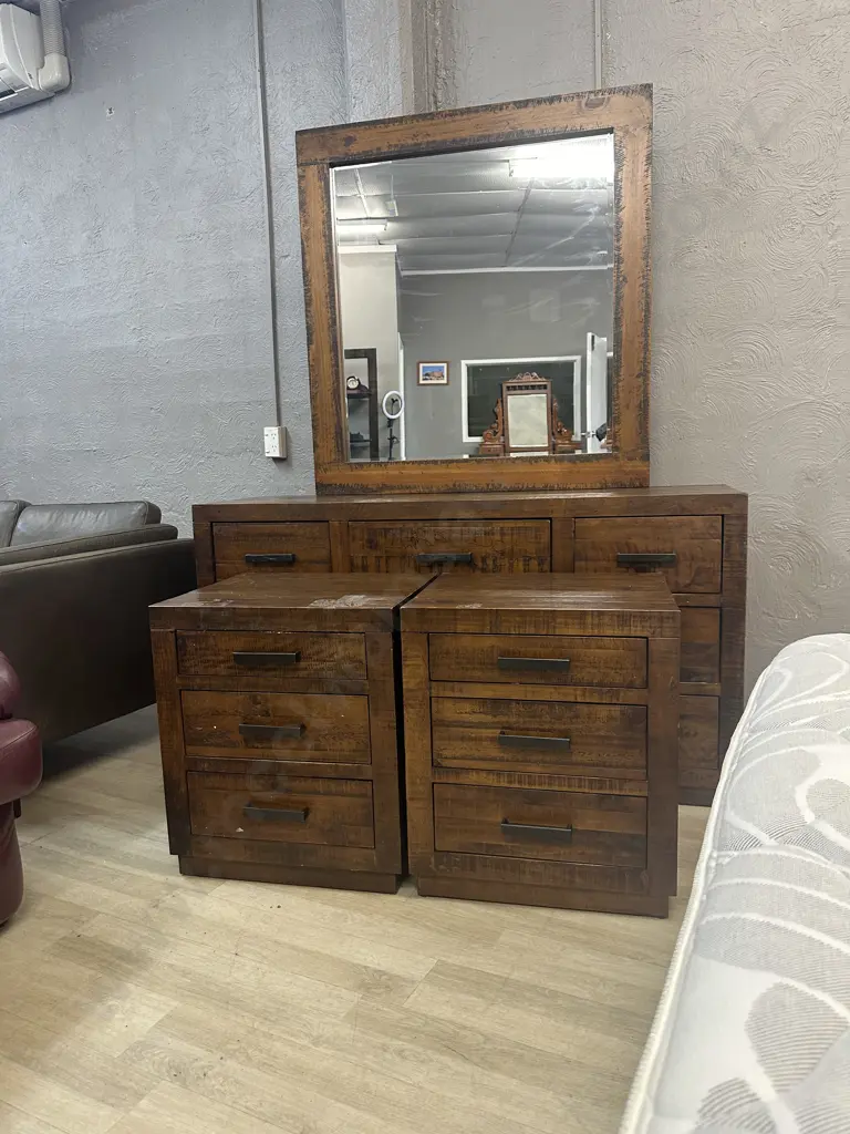 Rustic Wood Bedroom Suite With Rectangular Steel Handles  - 7 Drawer Dressing Table & Pair of 3 Drawer Bedsides Image 1++