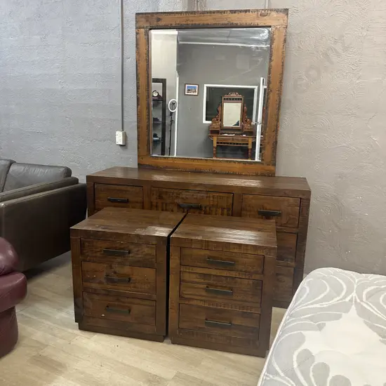 Rustic Wood Bedroom Suite With Rectangular Steel Handles  - 7 Drawer Dressing Table & Pair of 3 Drawer Bedsides