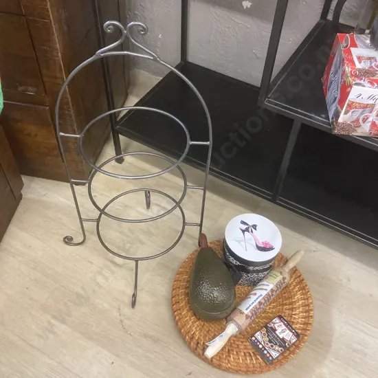Wrought 3 Tier Plate Stand, Nibbles Bowls, Cane Lidded Tray, Beatrix Potter Cards Etc