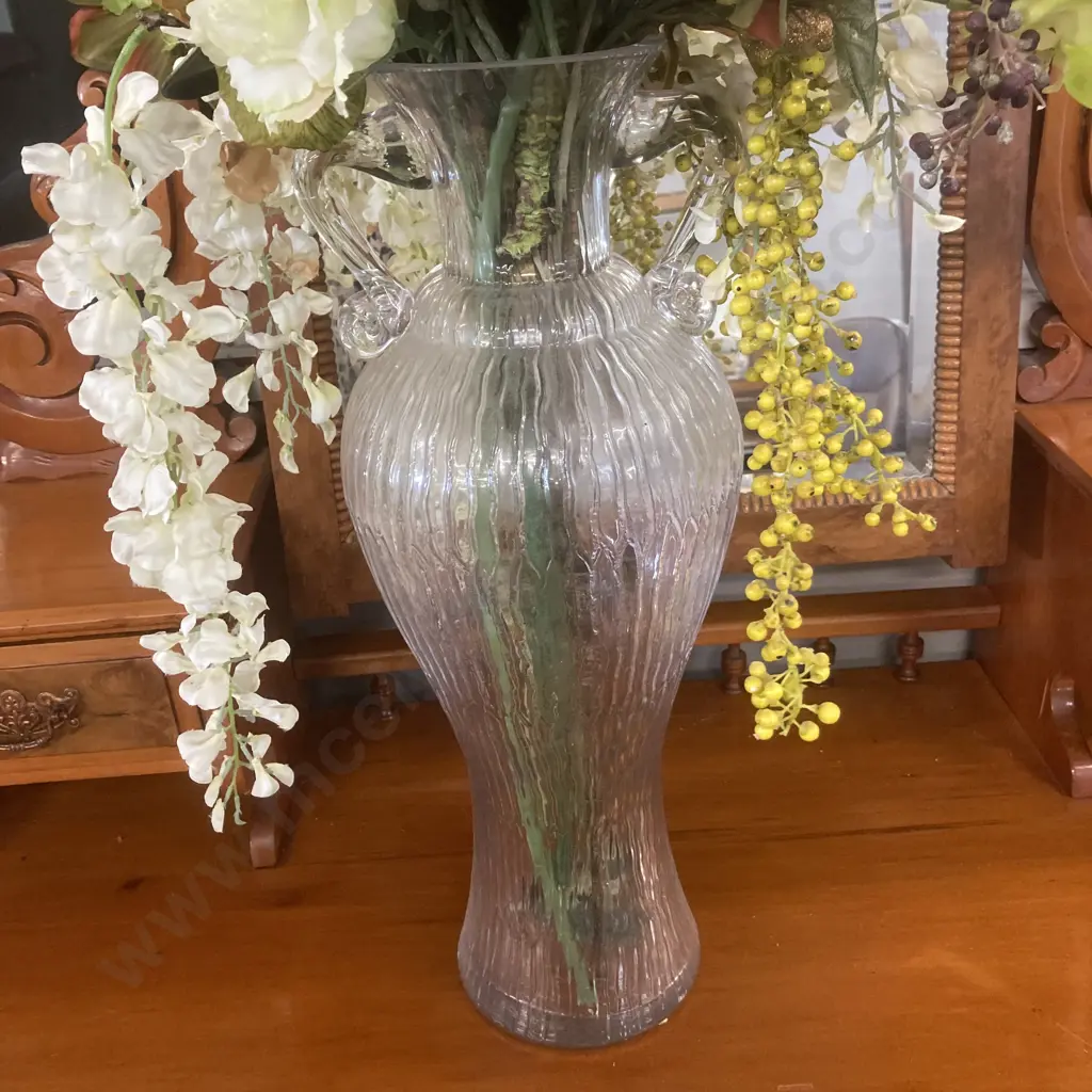 Tall 50cm Double Handle Glass Vase With Faux Flowers Image 1++