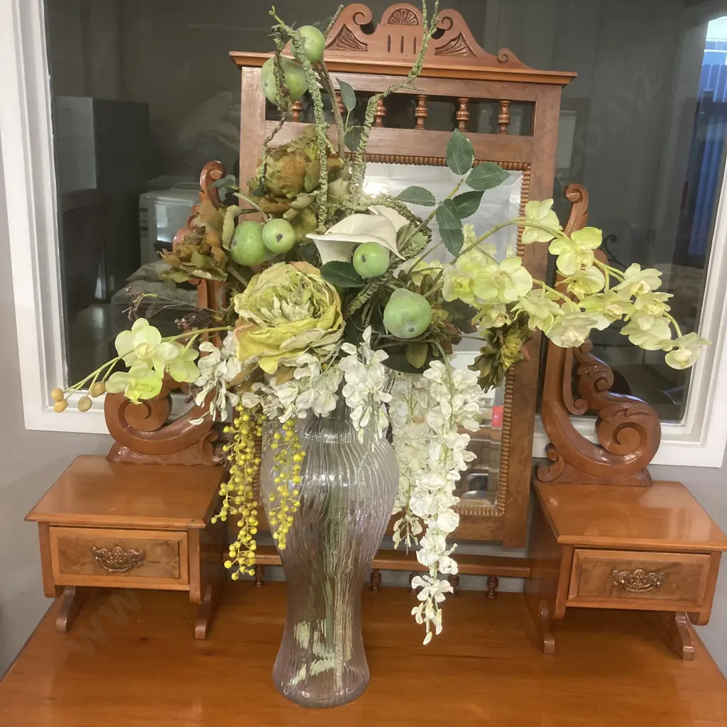 Tall 50cm Double Handle Glass Vase With Faux Flowers Image 1++