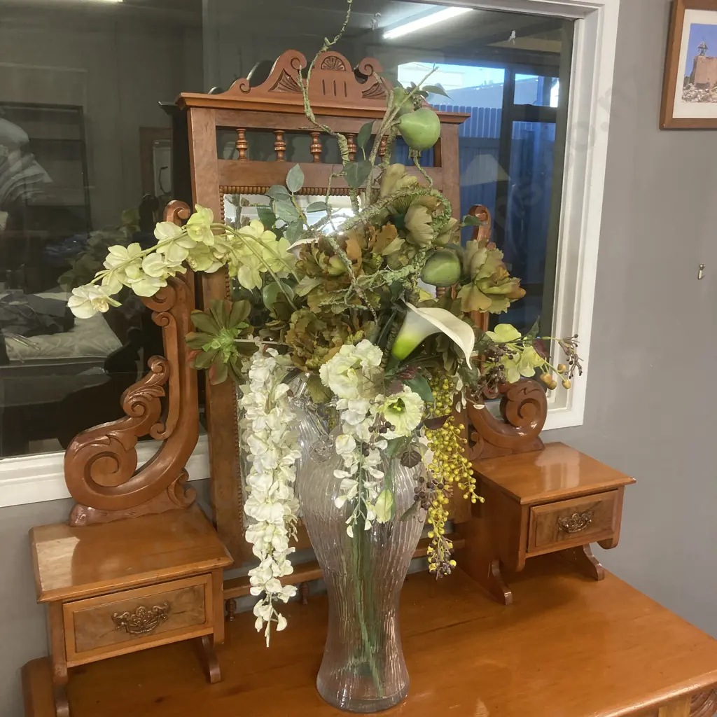 Tall 50cm Double Handle Glass Vase With Faux Flowers Image 1++