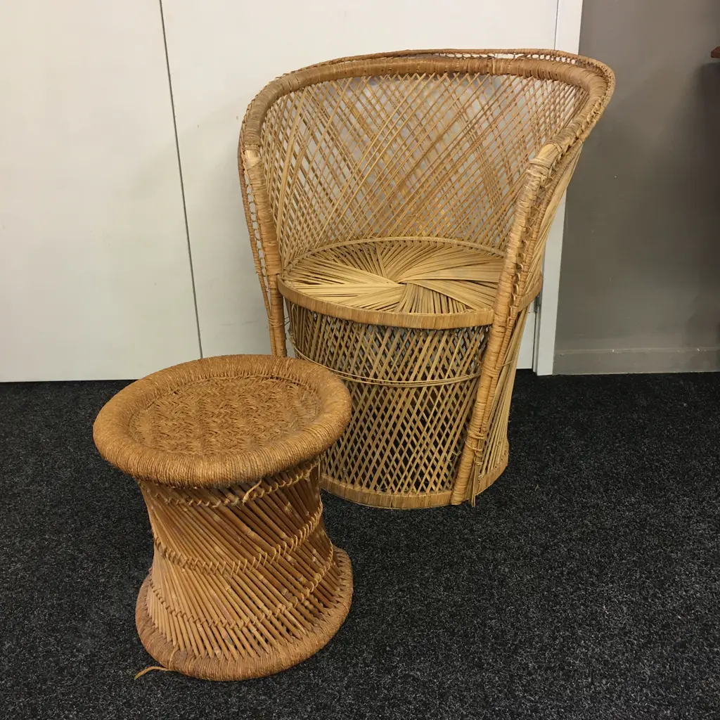 Vintage Cane Chair & Stool Image 1++