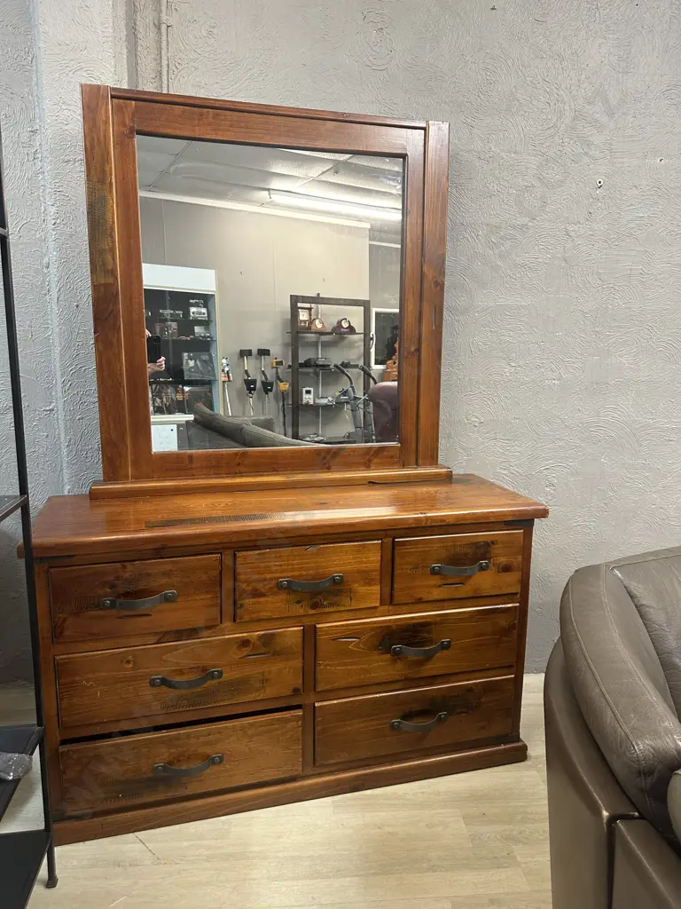 Rustic Wood 7 Drawer Dressing Table With Curved Steel Handles Image 1++