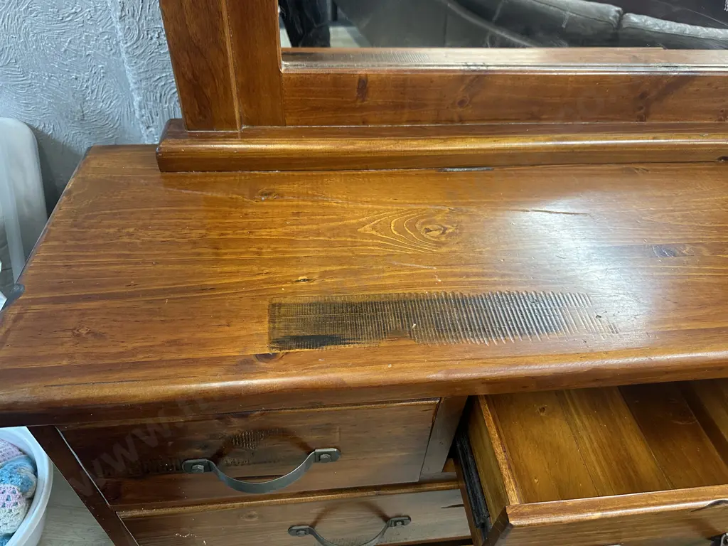 Rustic Wood 7 Drawer Dressing Table With Curved Steel Handles Image 1++