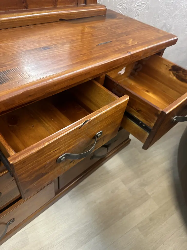 Rustic Wood 7 Drawer Dressing Table With Curved Steel Handles Image 1++