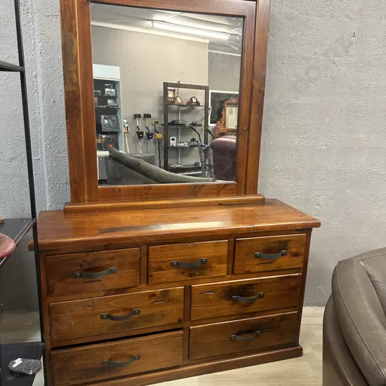 Rustic Wood 7 Drawer Dressing Table With Curved Steel Handles