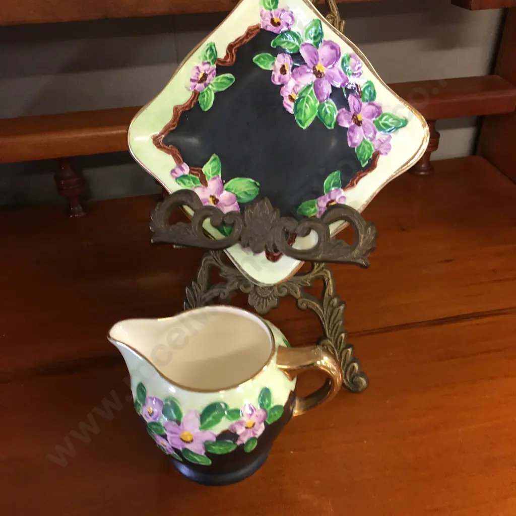 Vintage Maling Floral Majolica Decorative Green/Black With Violets Square Dish & Creamer Image 1++