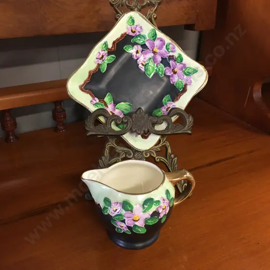Vintage Maling Floral Majolica Decorative Green/Black With Violets Square Dish & Creamer