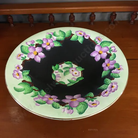 Vintage Maling Floral Majolica Decorative Green/Black With Violets Bowl E6568 H6,Dia27cm