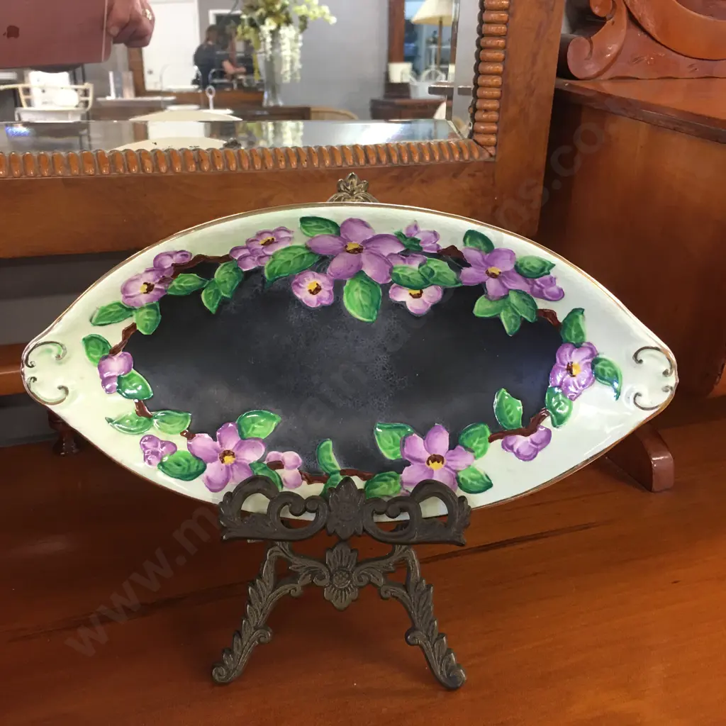 Vintage Maling Floral Majolica Decorative Green/Black With Violets Oval Dish L26,D14cm. Image 1++