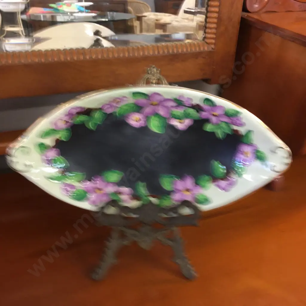 Vintage Maling Floral Majolica Decorative Green/Black With Violets Oval Dish L26,D14cm. Image 1++