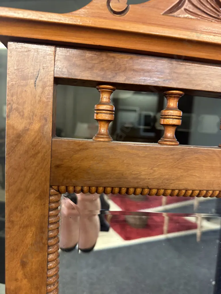 Kauri Colonial Dresser With Three Drawers, Carved Wood Details & Bevelled Edge Mirror H172,W110,D50cm. Image 1++