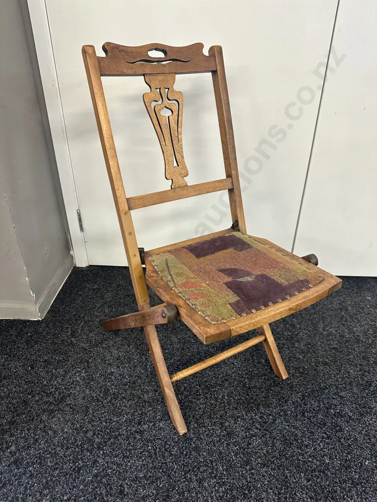 Antique Folding Chair Upholstered & Domed  Seat Image 1++