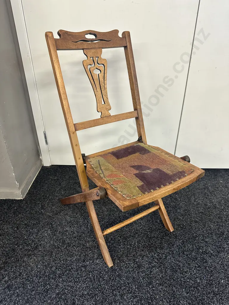 Antique Folding Chair Upholstered & Domed  Seat Image 1++