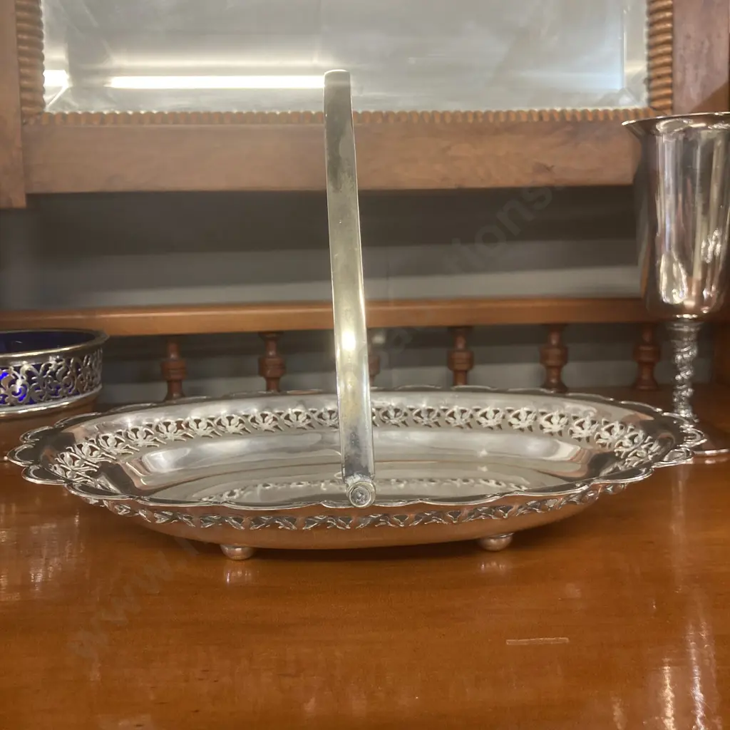 Vintage Silver Plated Bread Basket Serving Platter Swing Handle 28cm, Goblets, Vases, Coasters, Footed Jug & Bowl Etc Image 1++