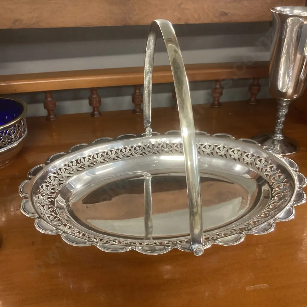 Vintage Silver Plated Bread Basket Serving Platter Swing Handle 28cm, Goblets, Vases, Coasters, Footed Jug & Bowl Etc Image 1++