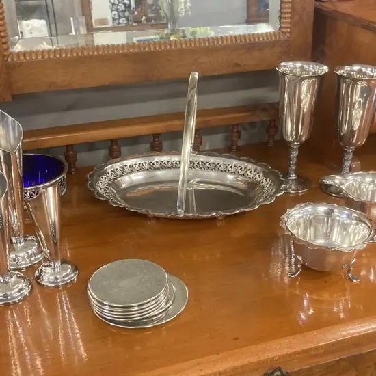 Vintage Silver Plated Bread Basket Serving Platter Swing Handle 28cm, Goblets, Vases, Coasters, Footed Jug & Bowl Etc